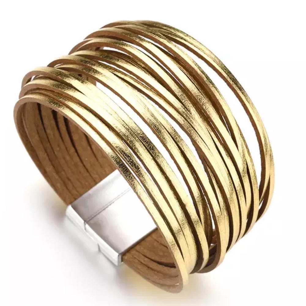 Gold wrap around GENUINE LEATHER bracelet.